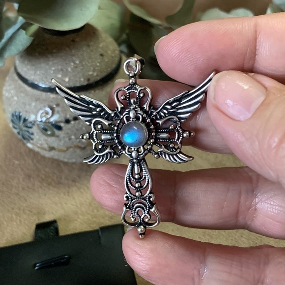 Light Blue Labradorite Winged Cross Pendant - Picture 3 of 4